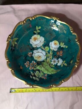 Rosen Thal Germany Hand-Painted Floral Decorative Bowl in Teal with Gold Trim